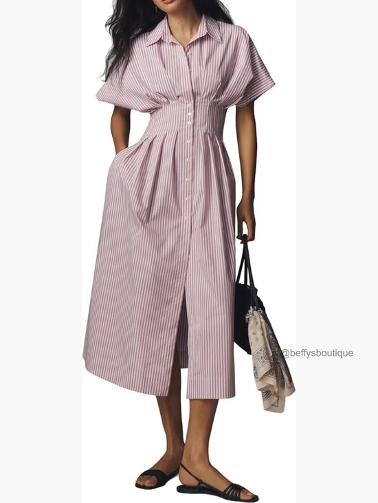 Dresses & Skirts - Striped Button Down Pleated Shirt Maxi Dress Summer Lapel V Neck Short Sleeve